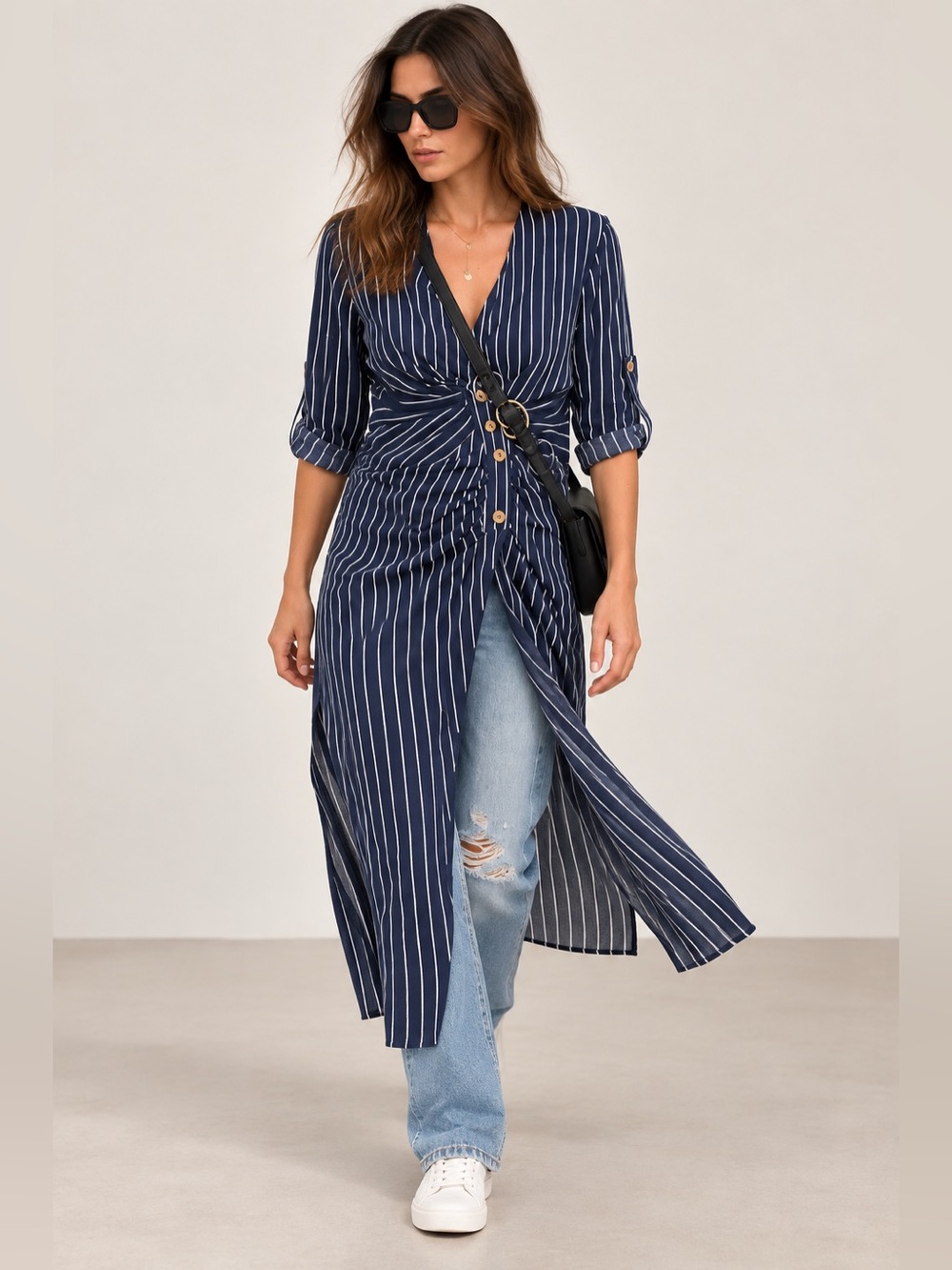 ZARA Navy Pinstripe Ruched Midi Dress – Size M
